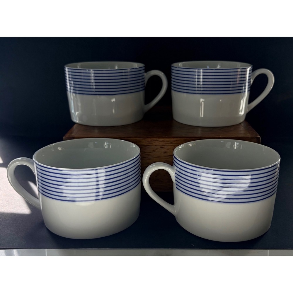 Crate & Barrel Blue Striped Porcelain Coffee Mugs Set of 4 Monno